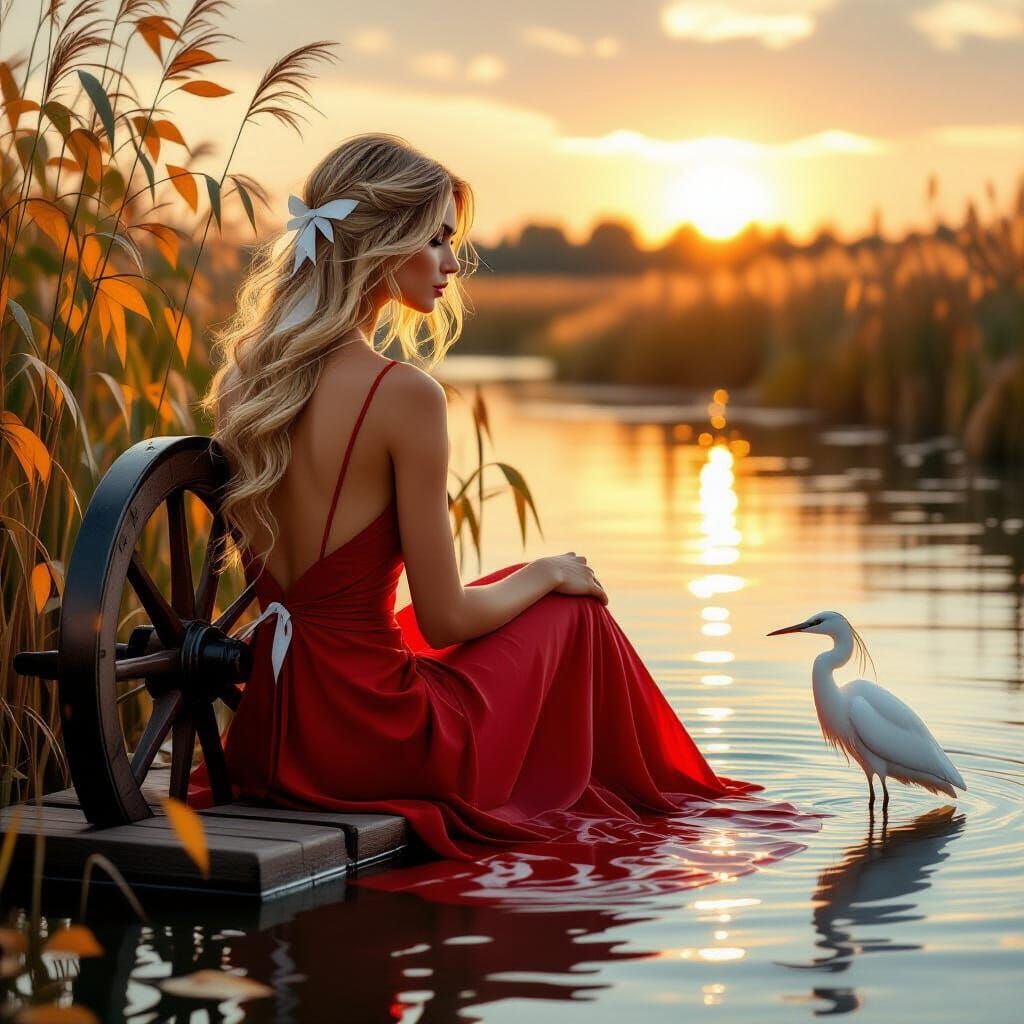 Woman in Red Dress by Water Wheel in Hyperrealism