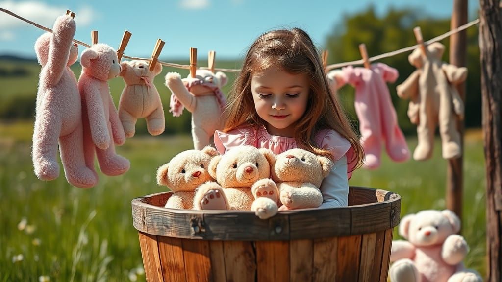 Girl Washing Teddy Bears in Pastoral Scene