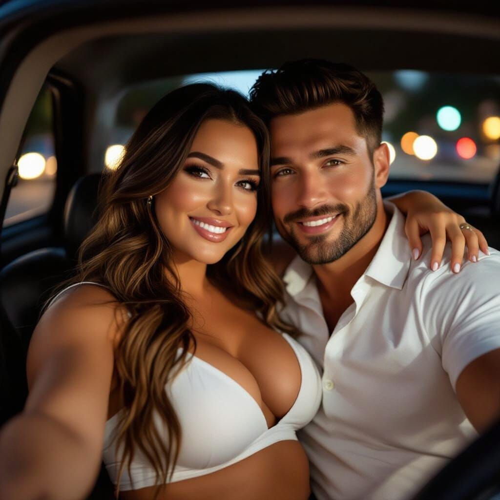 Romantic Car Selfie with Couple in Cozy Night Lighting