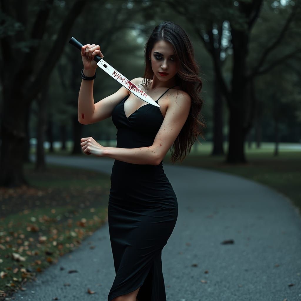 Sensual Woman with Knife in Dark Park