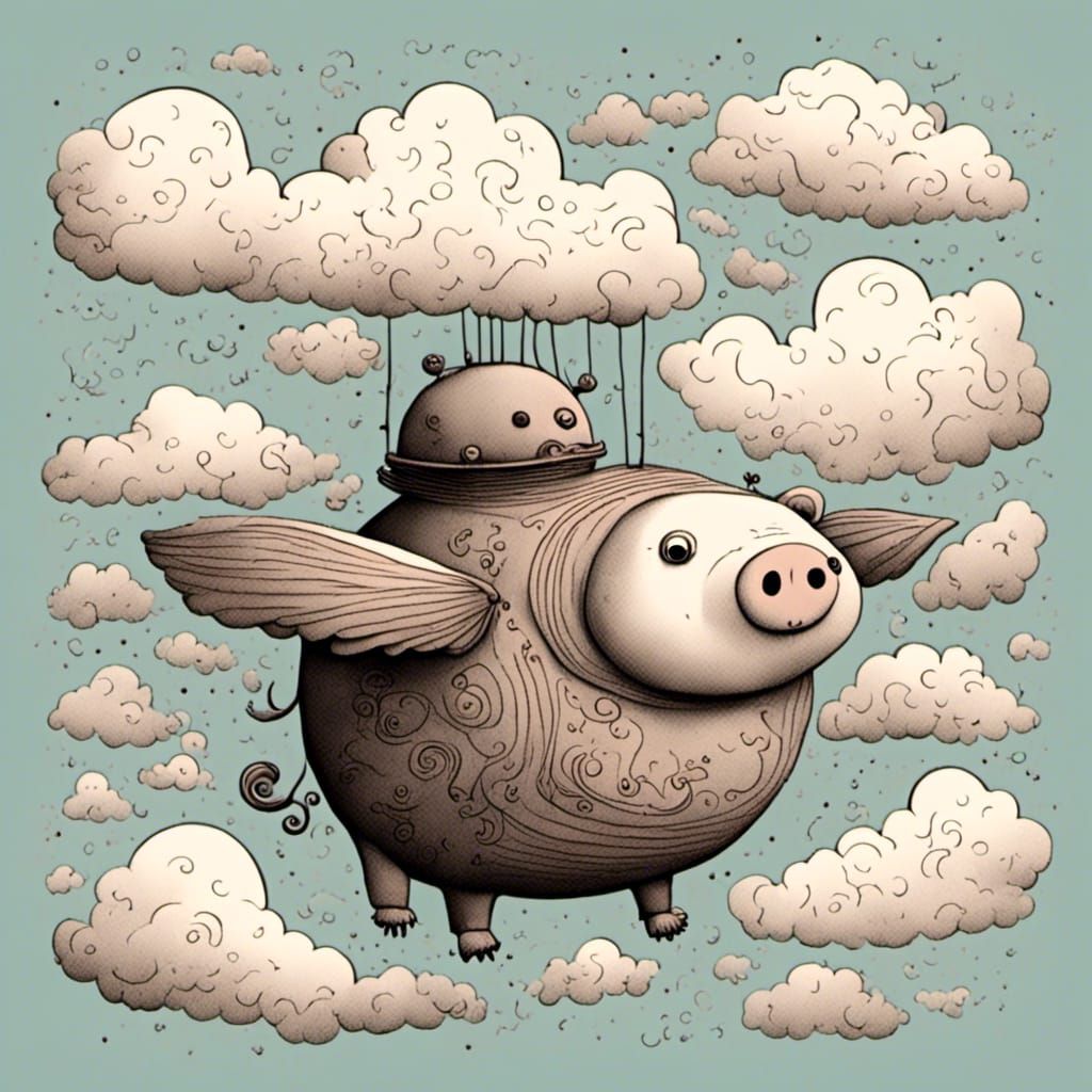 Adorable Flying Robot Pig in the Clouds