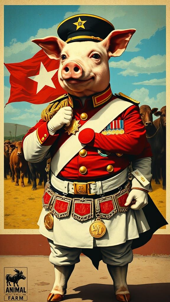 Pig in Military Regalia Confronts Propaganda Poster