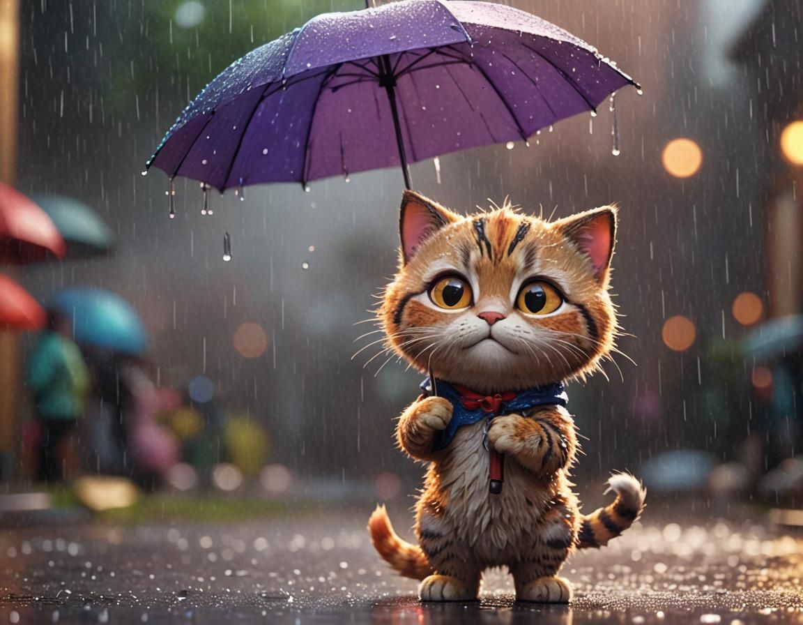 Sad Cat in Rain, Pixar-Style 3D Render