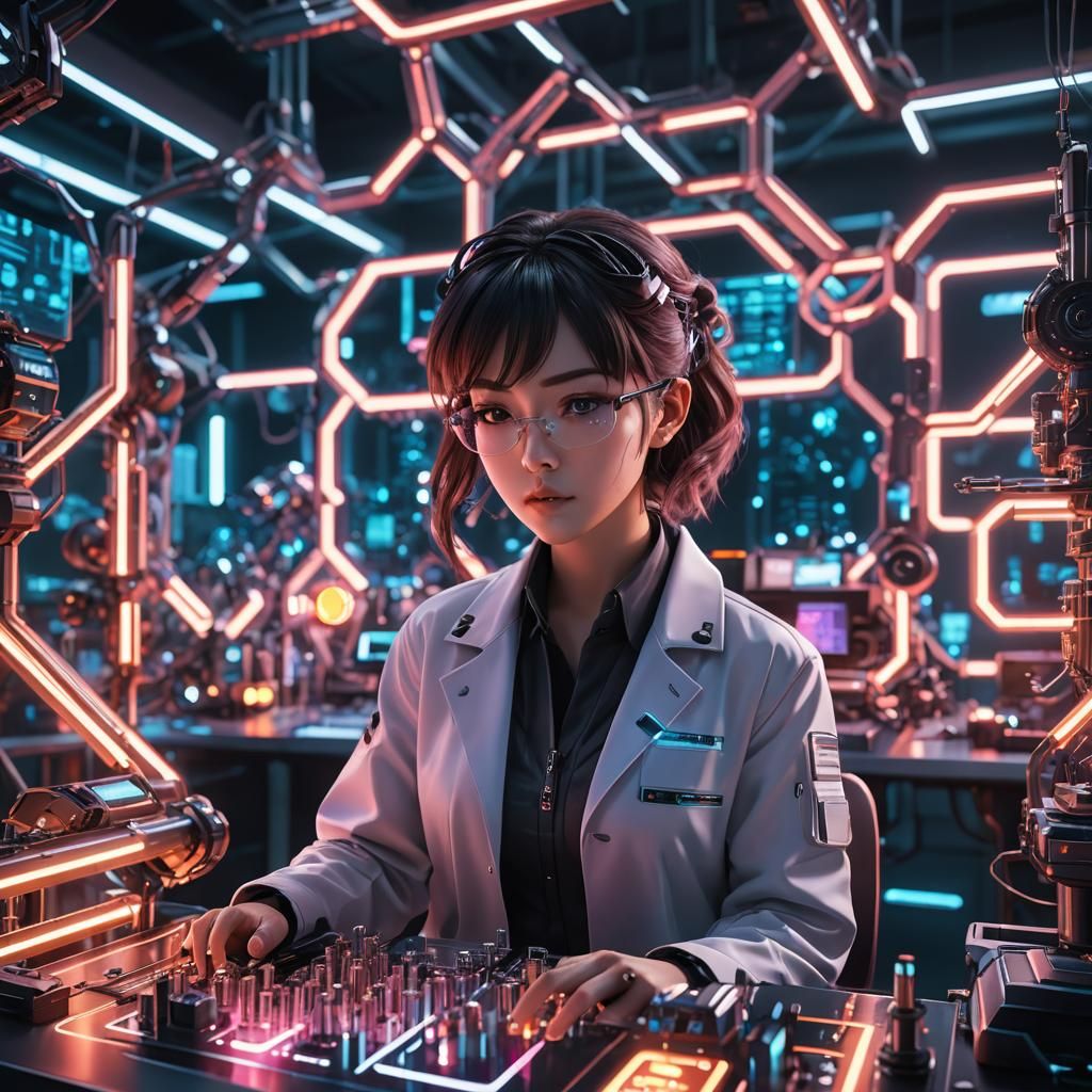 Puzzled Scientist in Futuristic Anime Laboratory