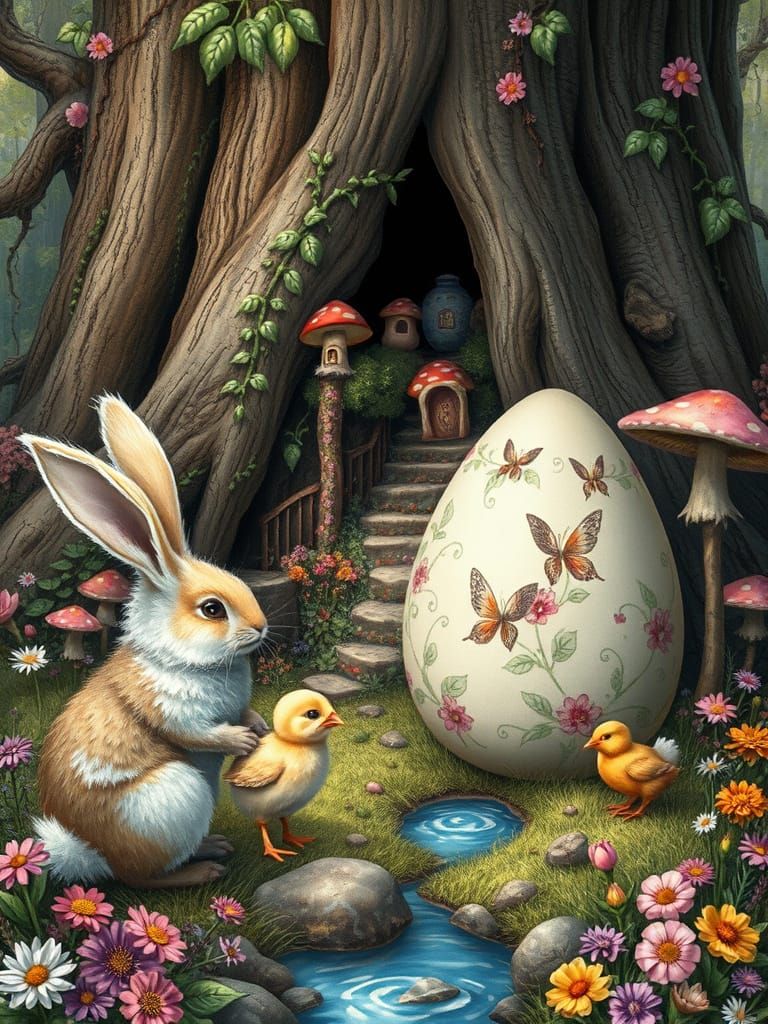 Enchanted Easter Bunny in Fairy Village Art