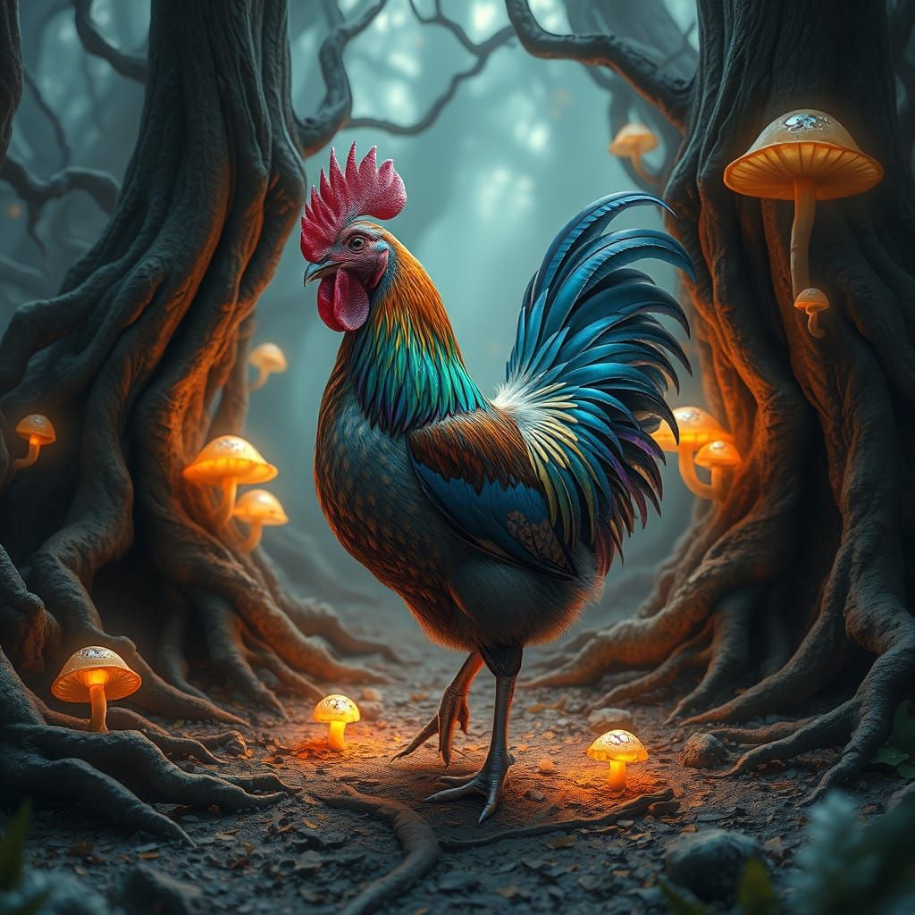Whimsical Chicken in Ancient Forest