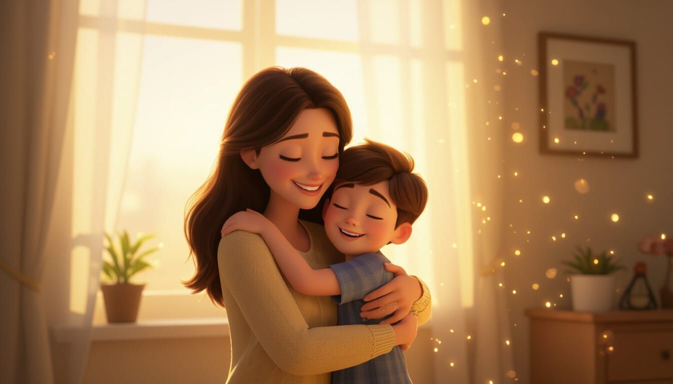 Mother and Son Hugging in Golden Light