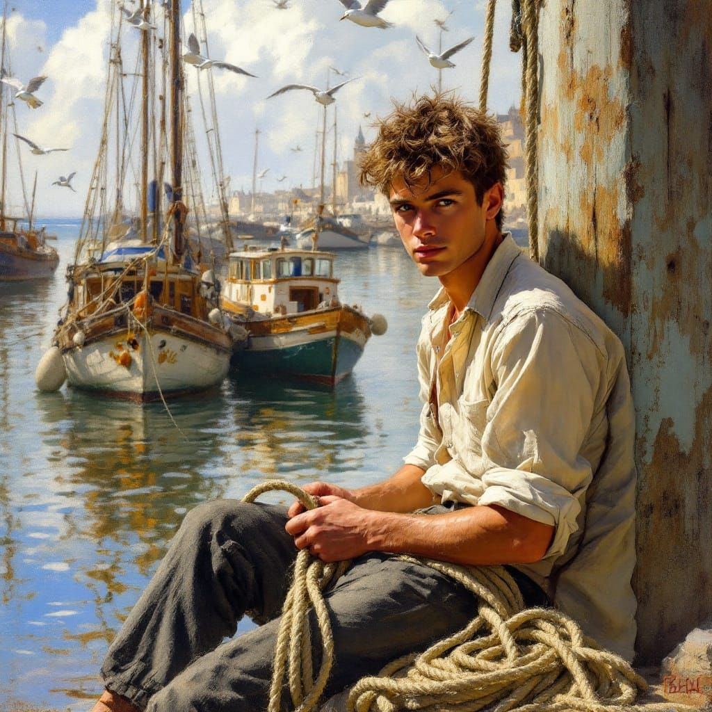 Young Sailor Coiling Ropes in Warm Impressionist Harbor