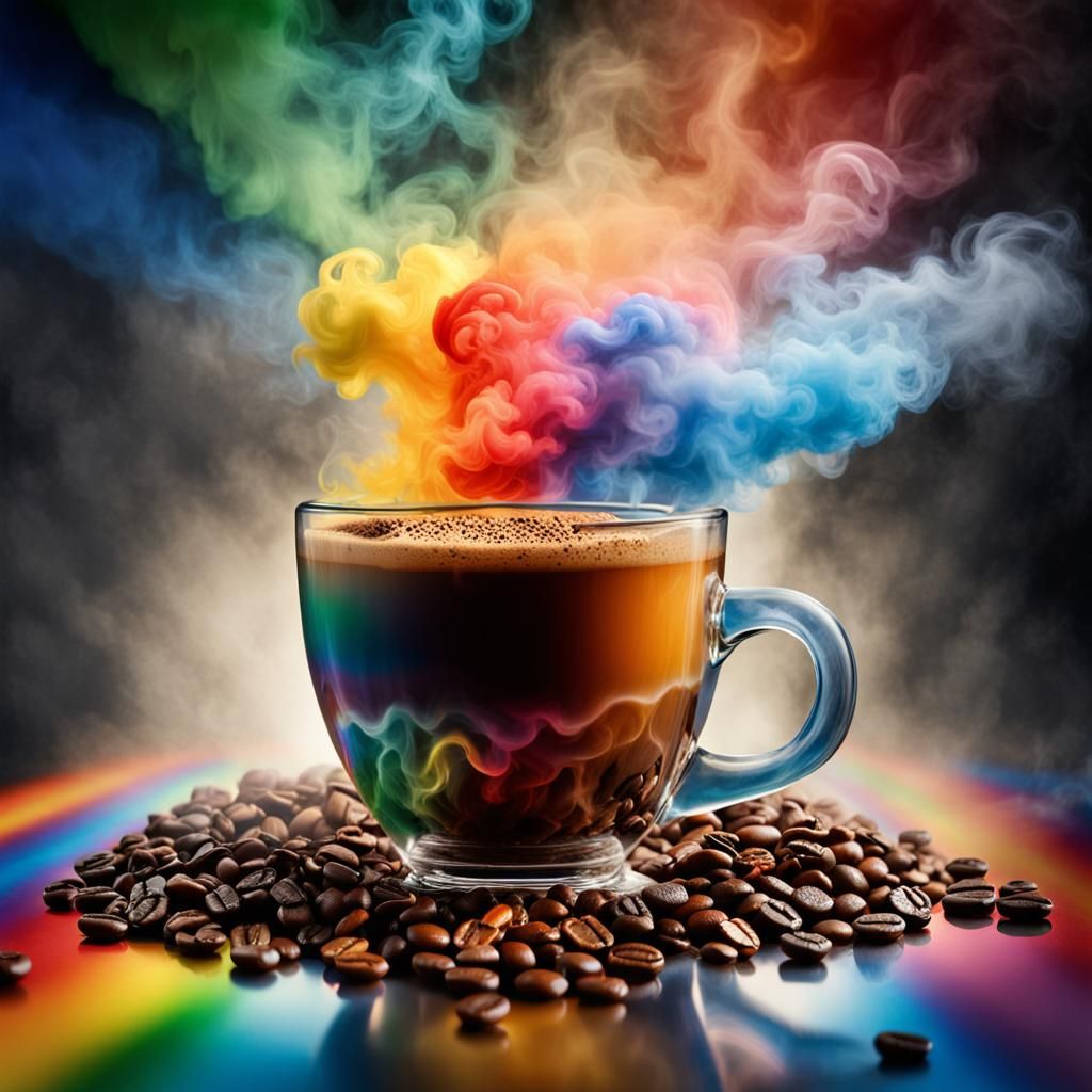 Hyperrealistic Coffee Explosion with Rainbow Smoke