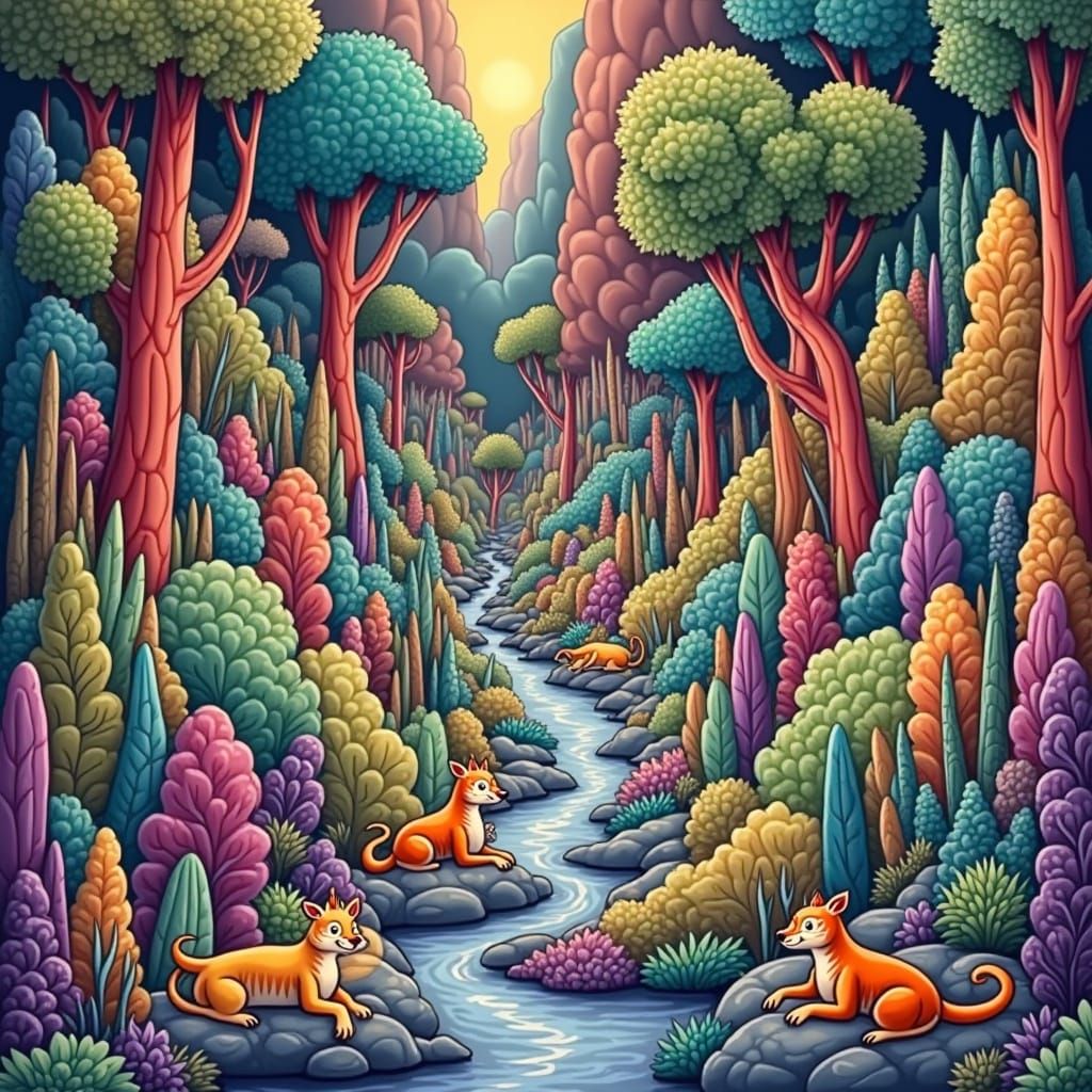 Lush Landscape Illustration with Vibrant Wildlife