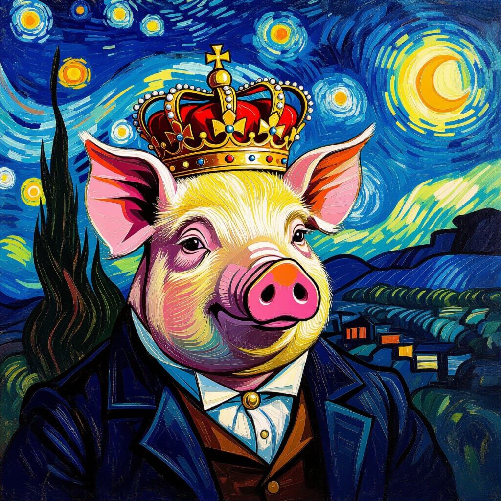 Regal Pig Portrait in Van Gogh Impasto Style