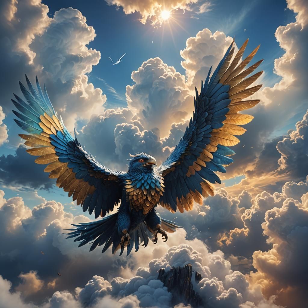 Bird Monster Flying in Clouds: Fantasy Illustration