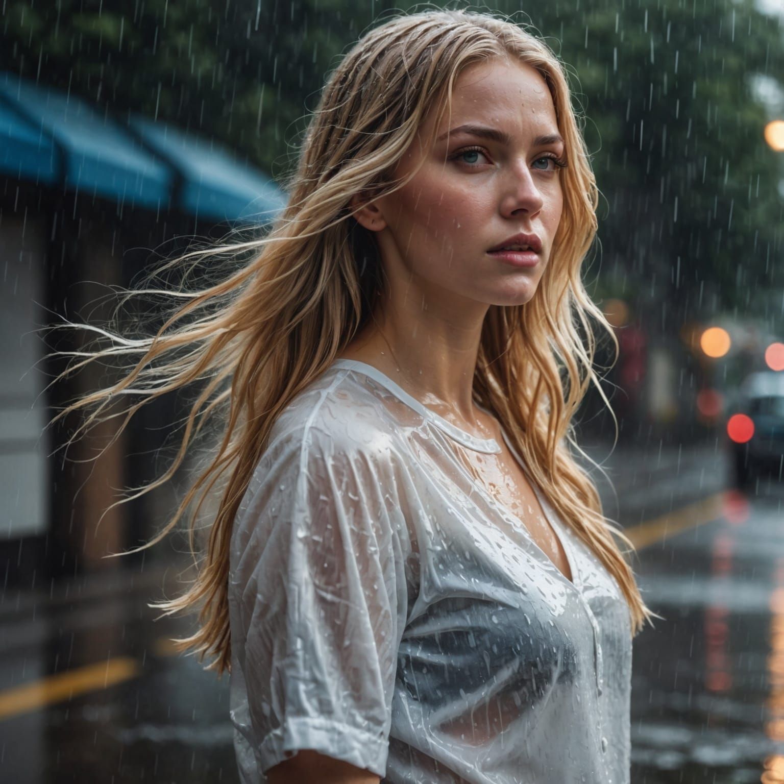 Young Woman in Rain: Hyperrealistic Splash Art