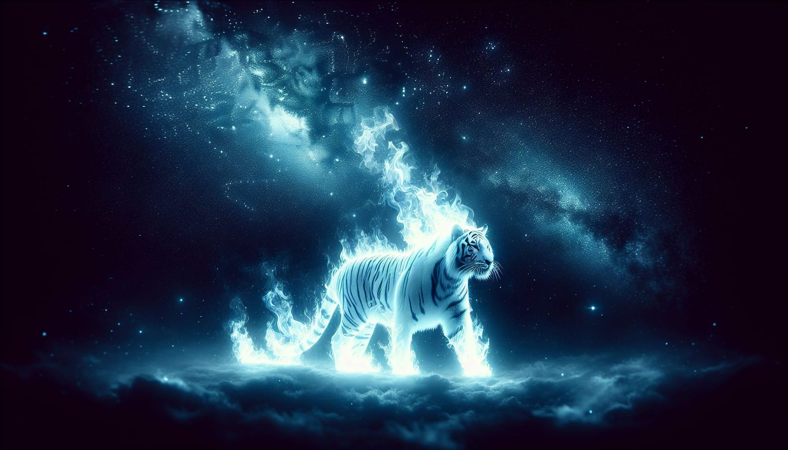 Majestic White Flaming Tiger in Starry Galaxy
