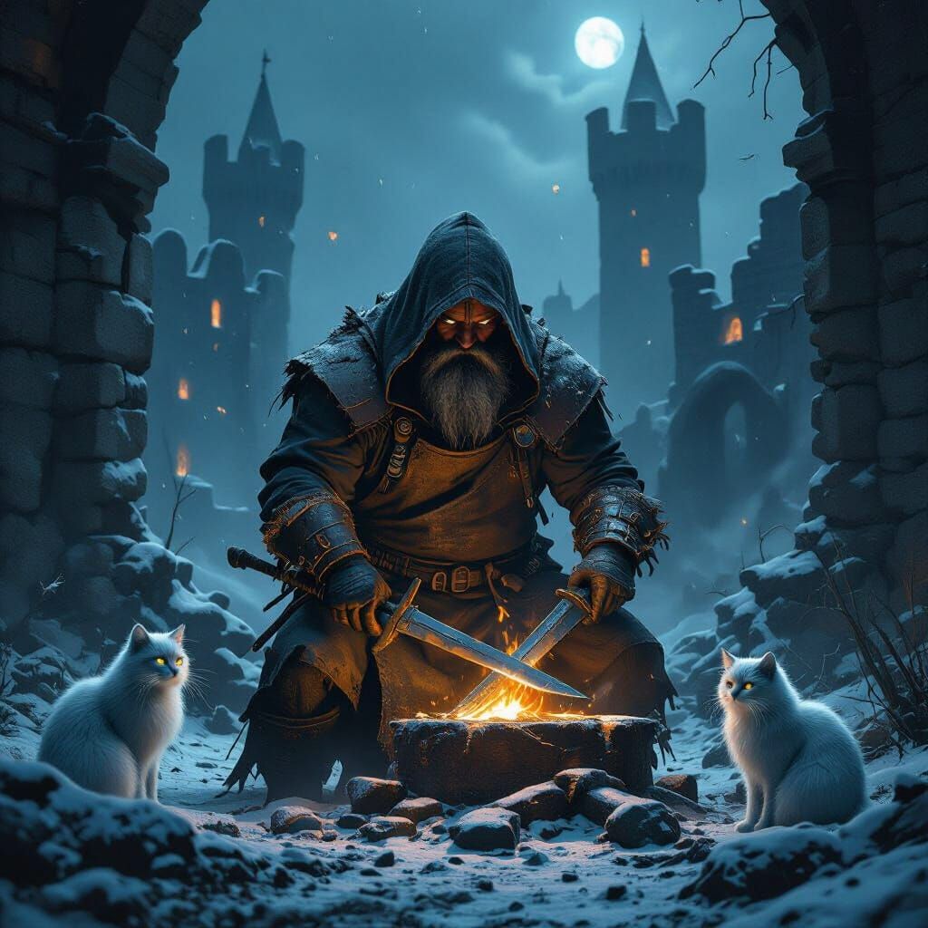 Dwarf Blacksmith Forging Sword in Ruined Castle