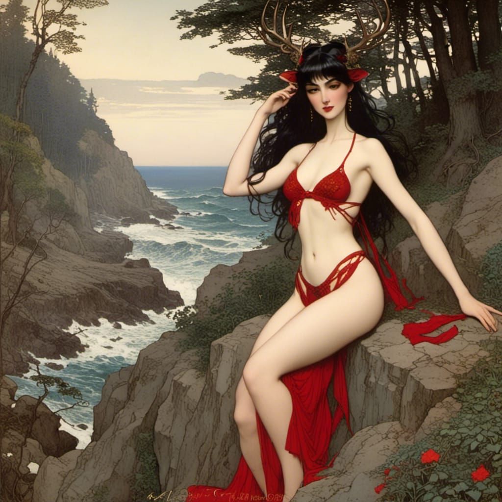Antlered Woman on Rocky Shore in Art Nouveau Style
