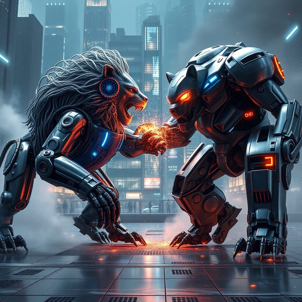 Battle between two mecha. One in the shape of a lion and the other in the shape of a bear. intricate mech details, groun...