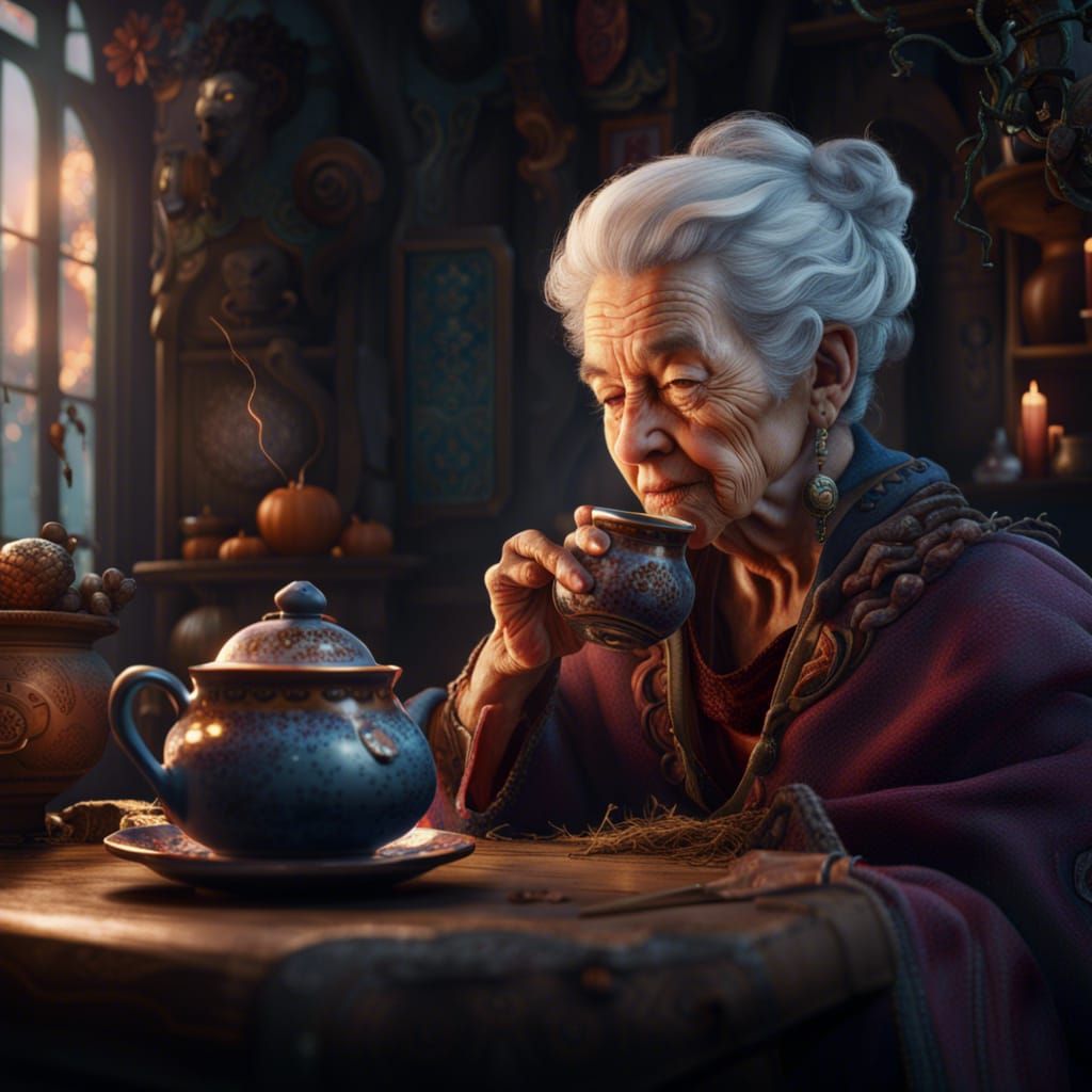 Grandmother Drinking Tea in Detailed Matte Painting