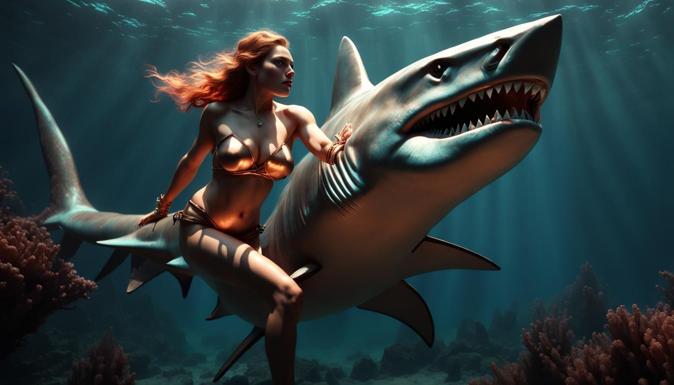 Viking Woman Rides Shark in Art Deco Style