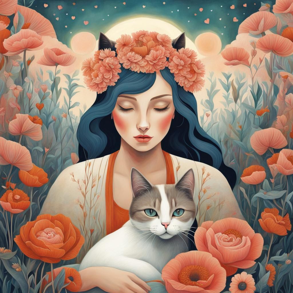 Dreamlike Girl with Cat Illustration