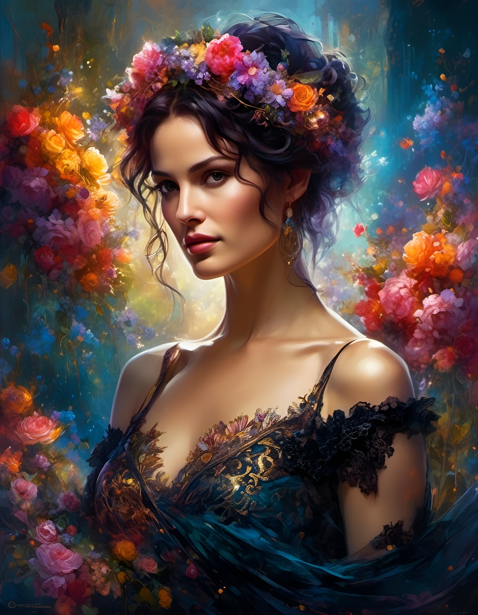 Romantic Goddess in Flowery Gown, Digital Painting