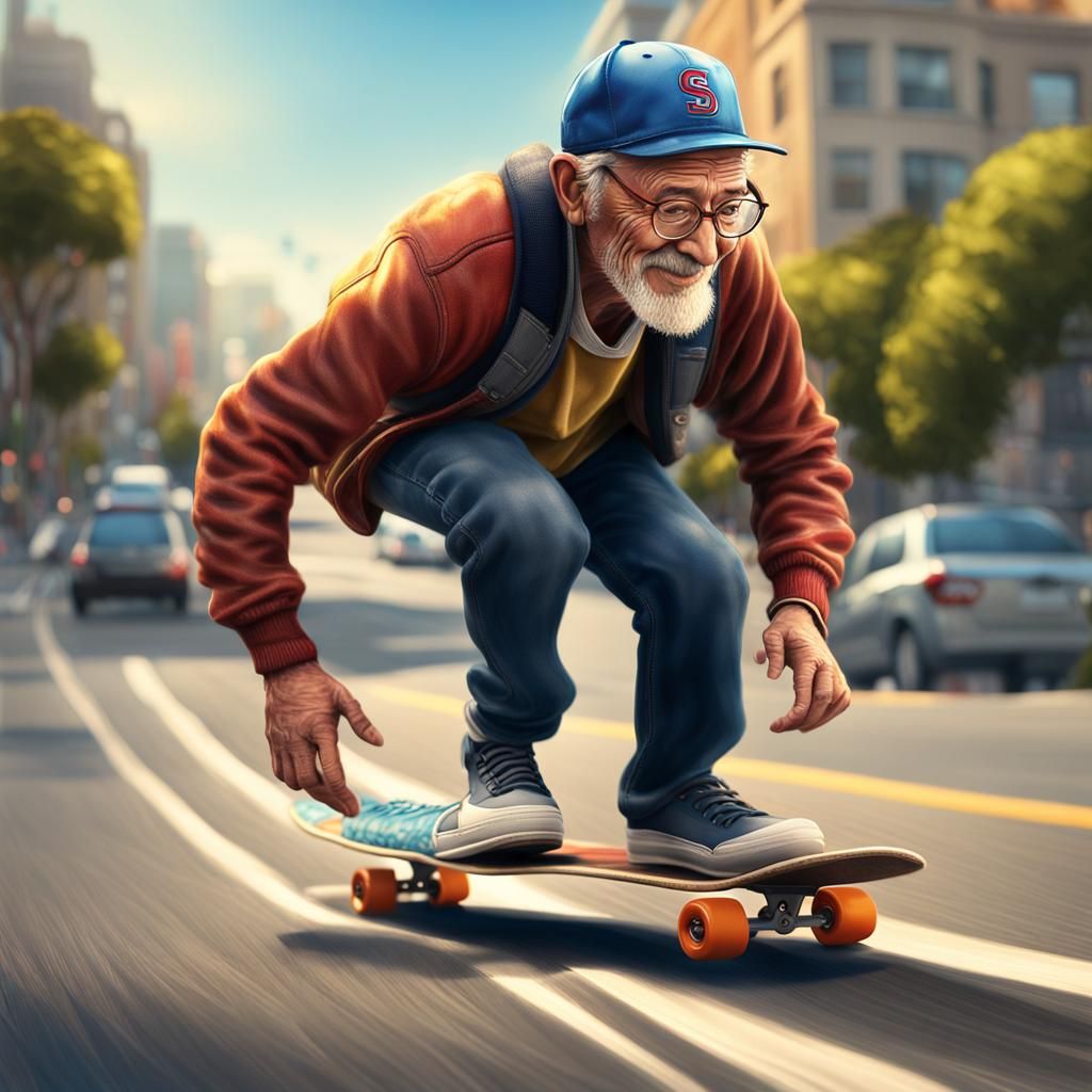 Joyful Old Man Skateboarding in San Francisco: Hyperrealisti...