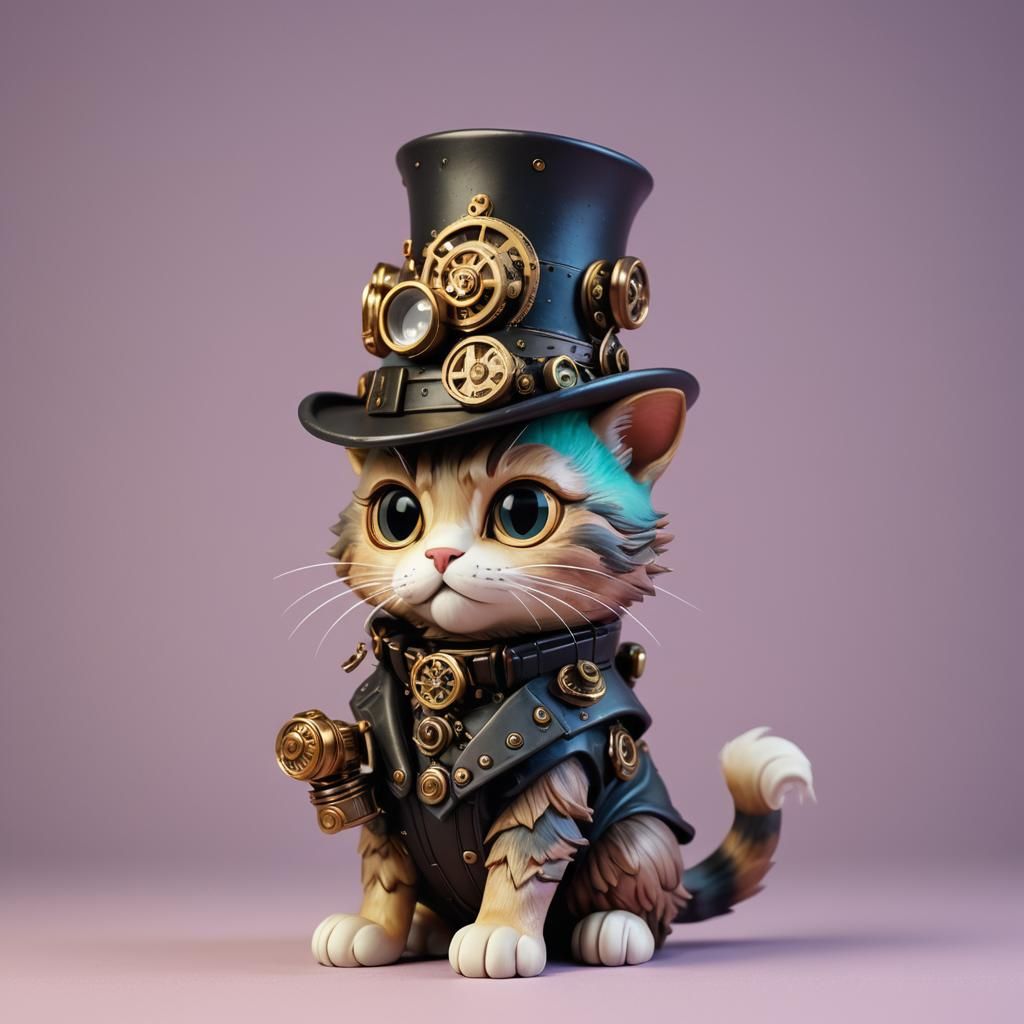 Steampunk Cat Clay Sculpture with Pastel Glow