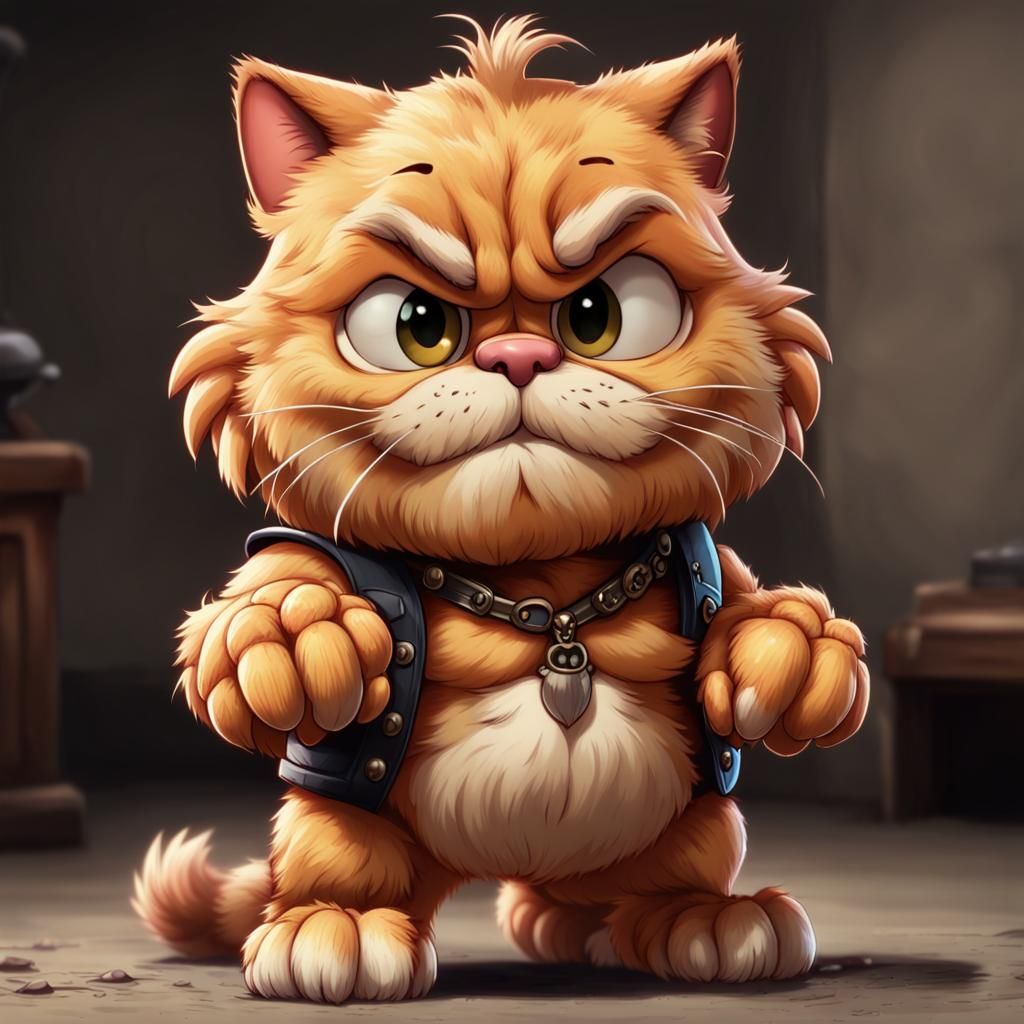 Cruel-looking old, big, chibi Garfield, with claws out