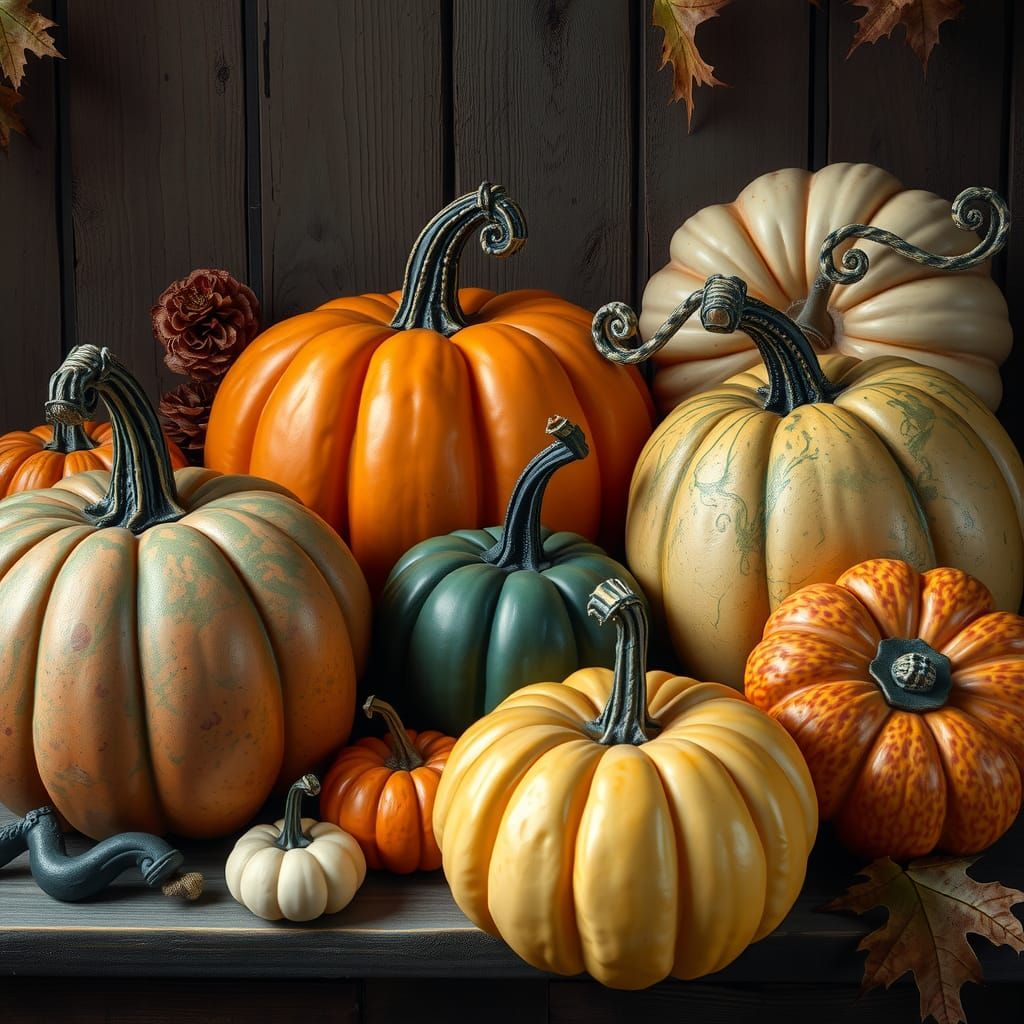 Ornate Pumpkins in Whimsical Autumn Still Life