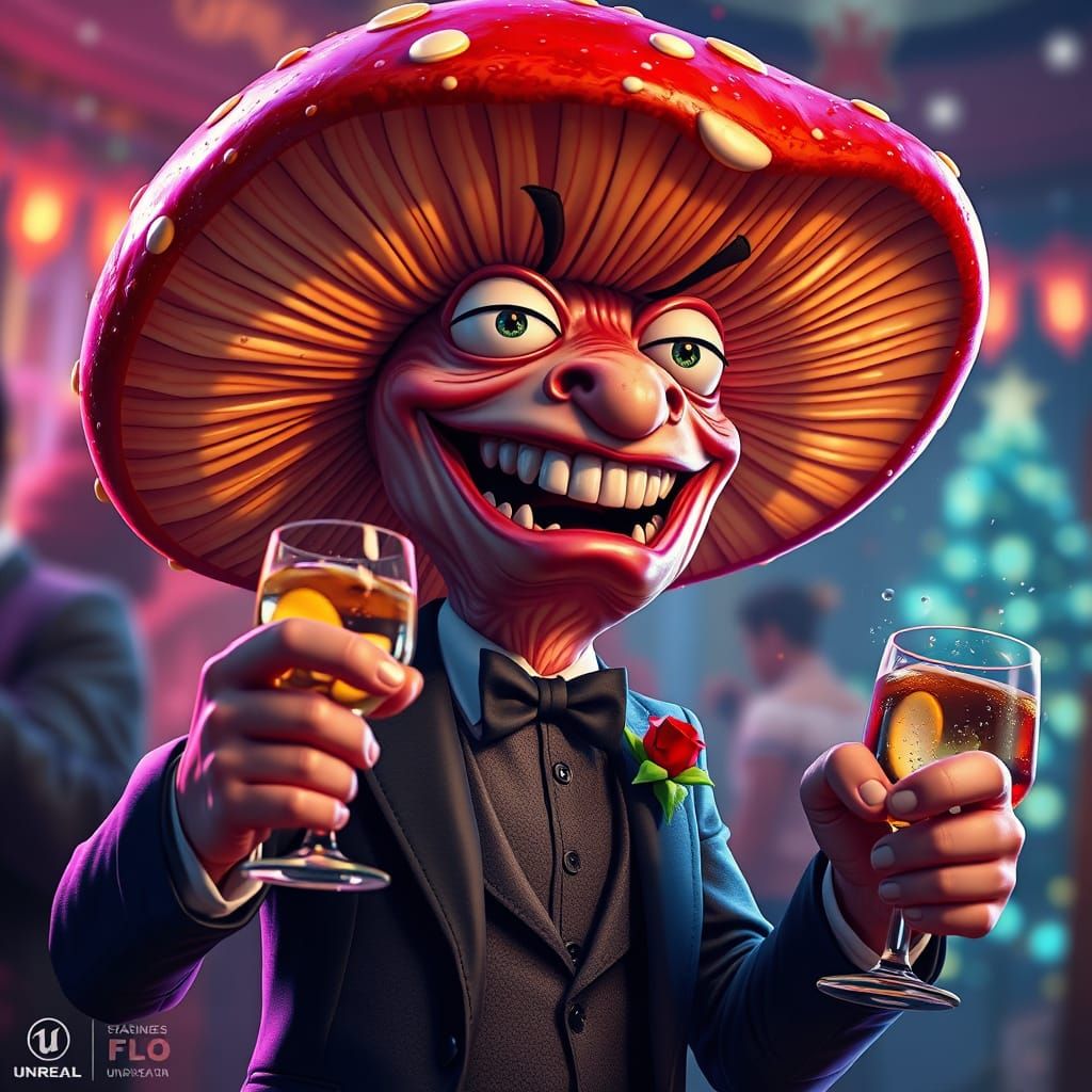 Mushroom in Suit Celebrates New Year's Eve Toast