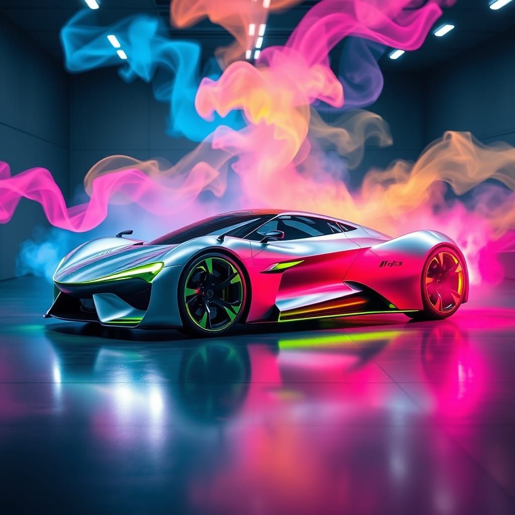 Futuristic Car in Wind Tunnel with Colored Smoke