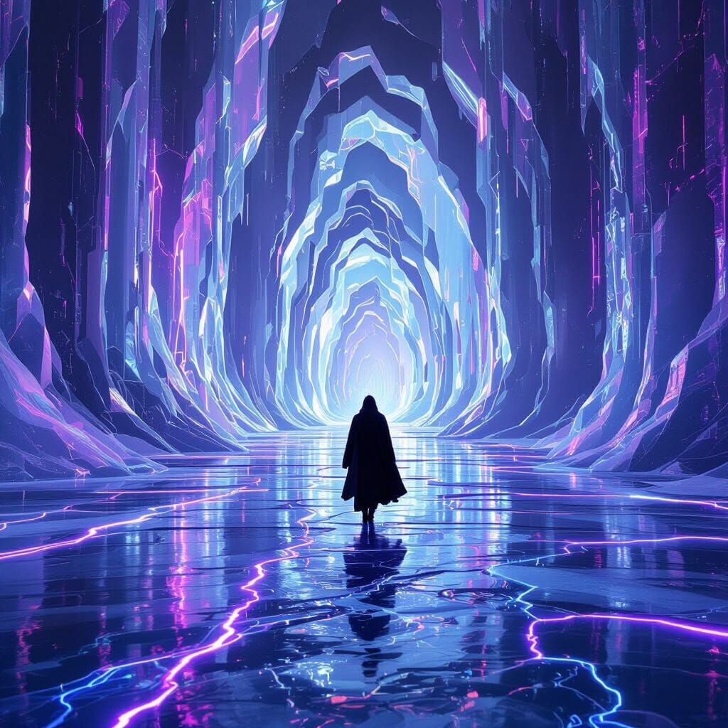 Frozen Glass Sea With Neon Veins And Cloaked Figure