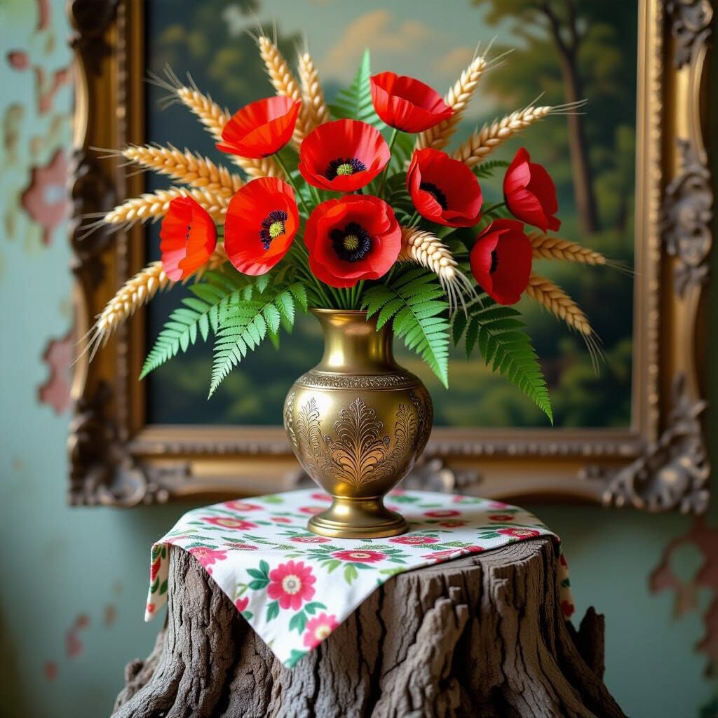 Brass Vase with Poppies and Fern Hyperrealistic Image