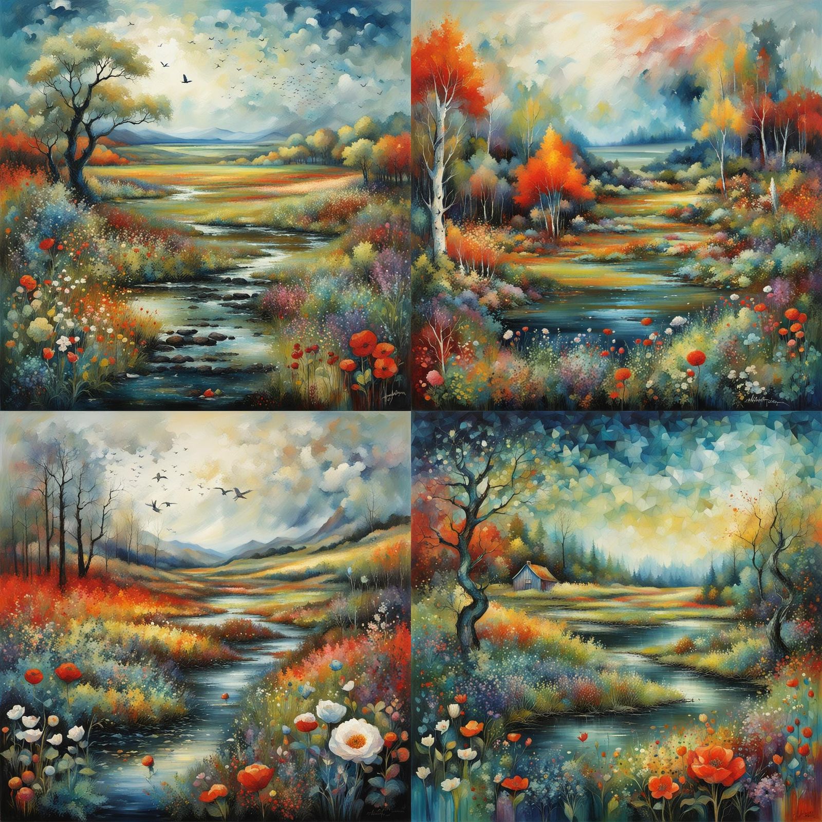 Enchanting Landscape Art in Folk Art Style
