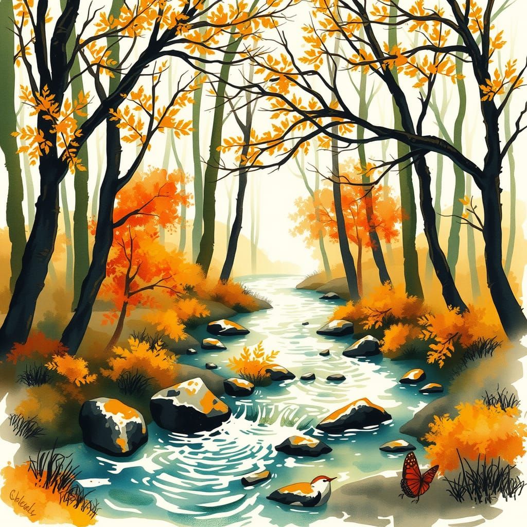 A sparkling stream flows through a dreamy autumn forest. Wat...