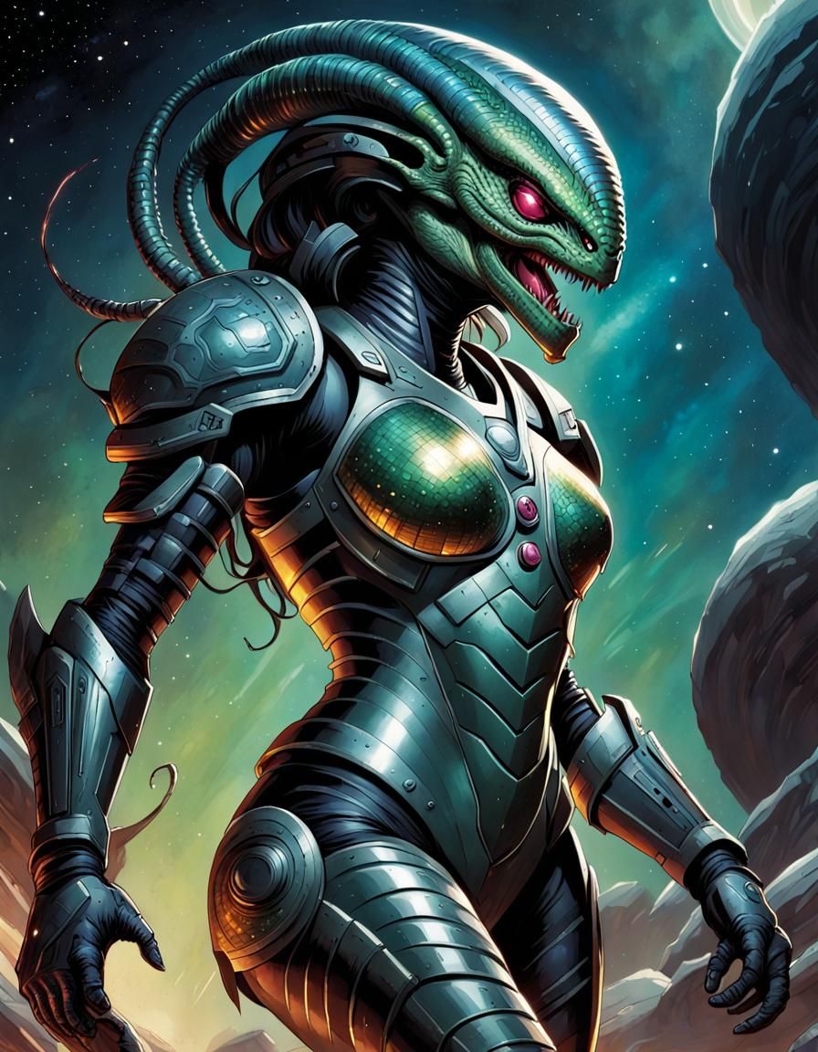 female cosmic reptile space alien in full combat armor