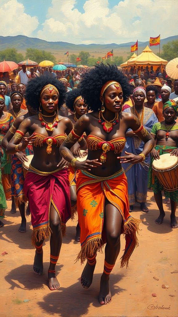 Women Dancing in Colorful African Festival Landscape