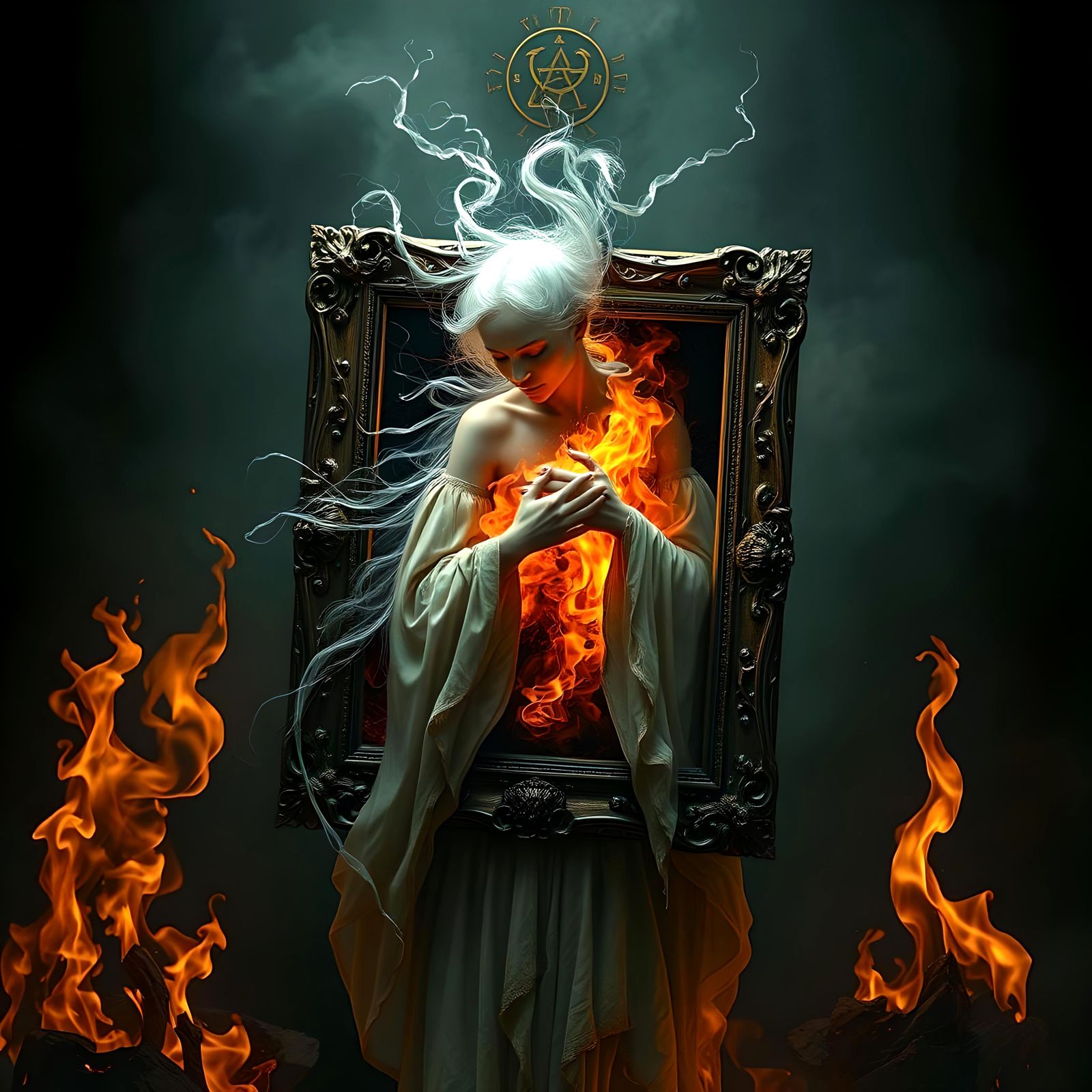 Fiery Portal Held by Translucent Figure