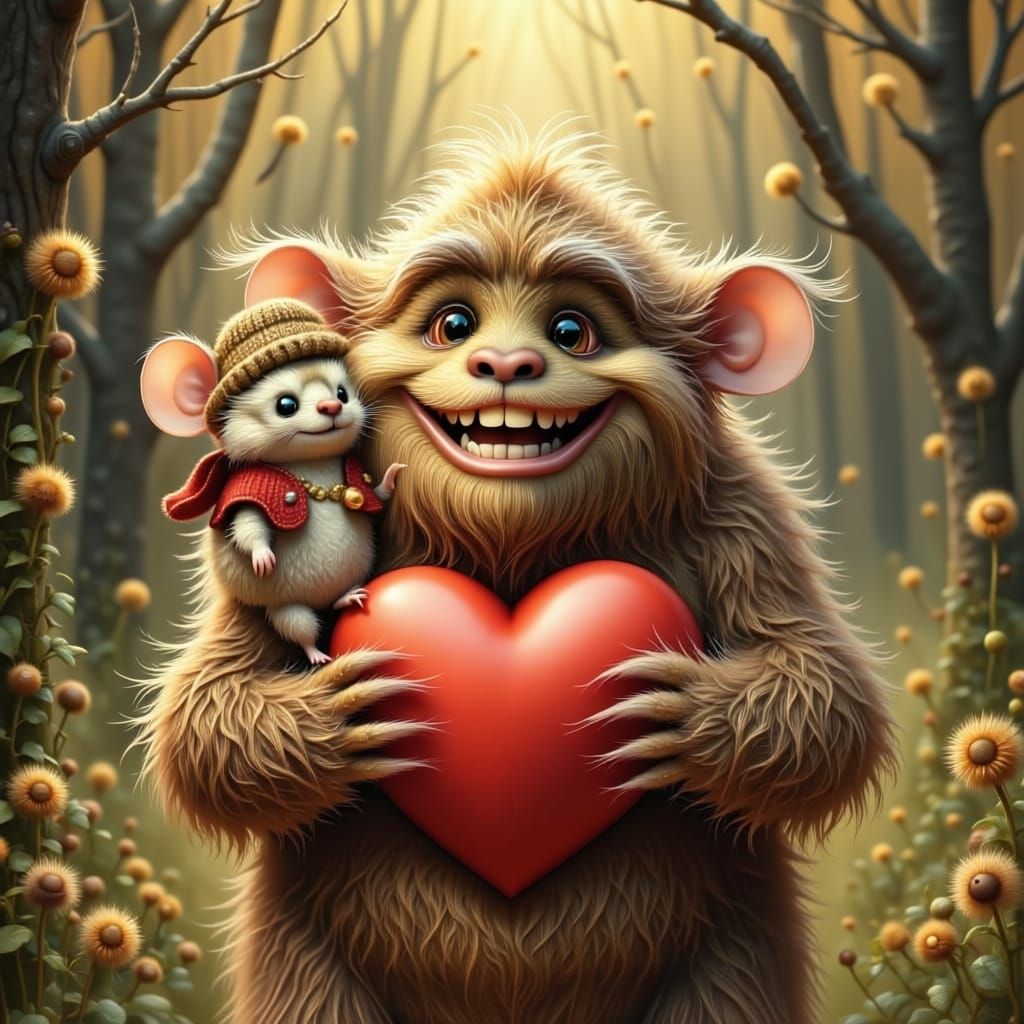Bigfoot Carries Smiling Mouse with Red Heart