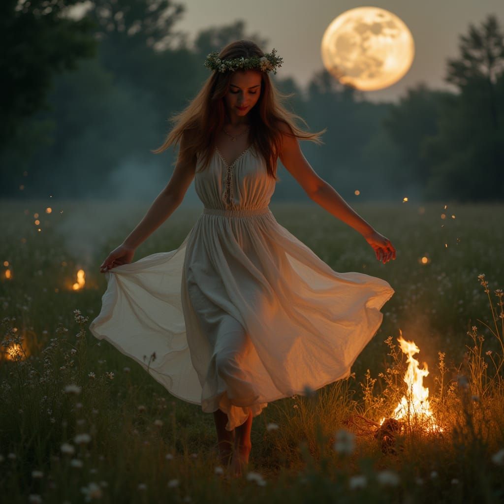 Slavic Woman Dances in Moonlit Meadow