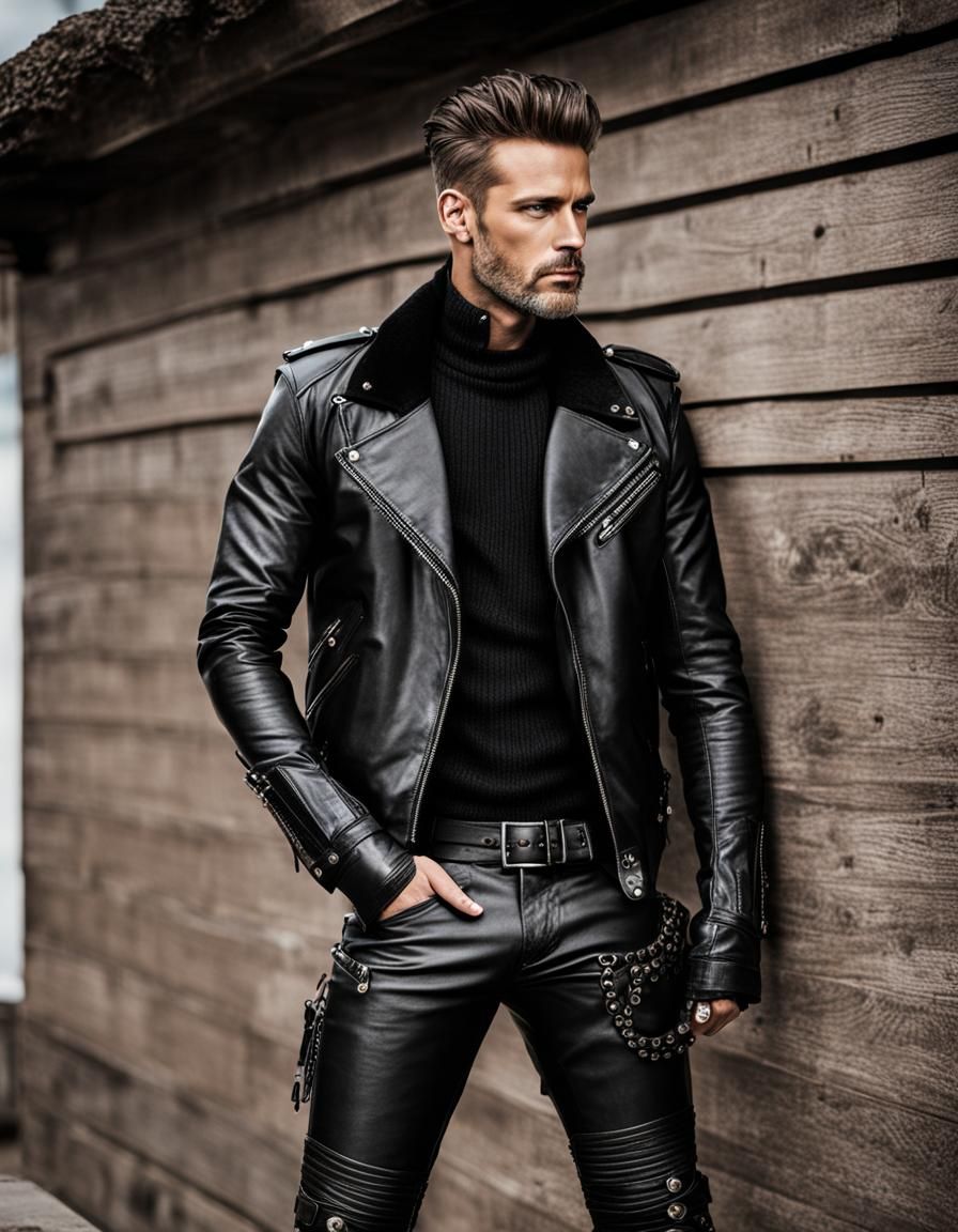 Biker Fashion: Model in Leather and Waxed Cotton