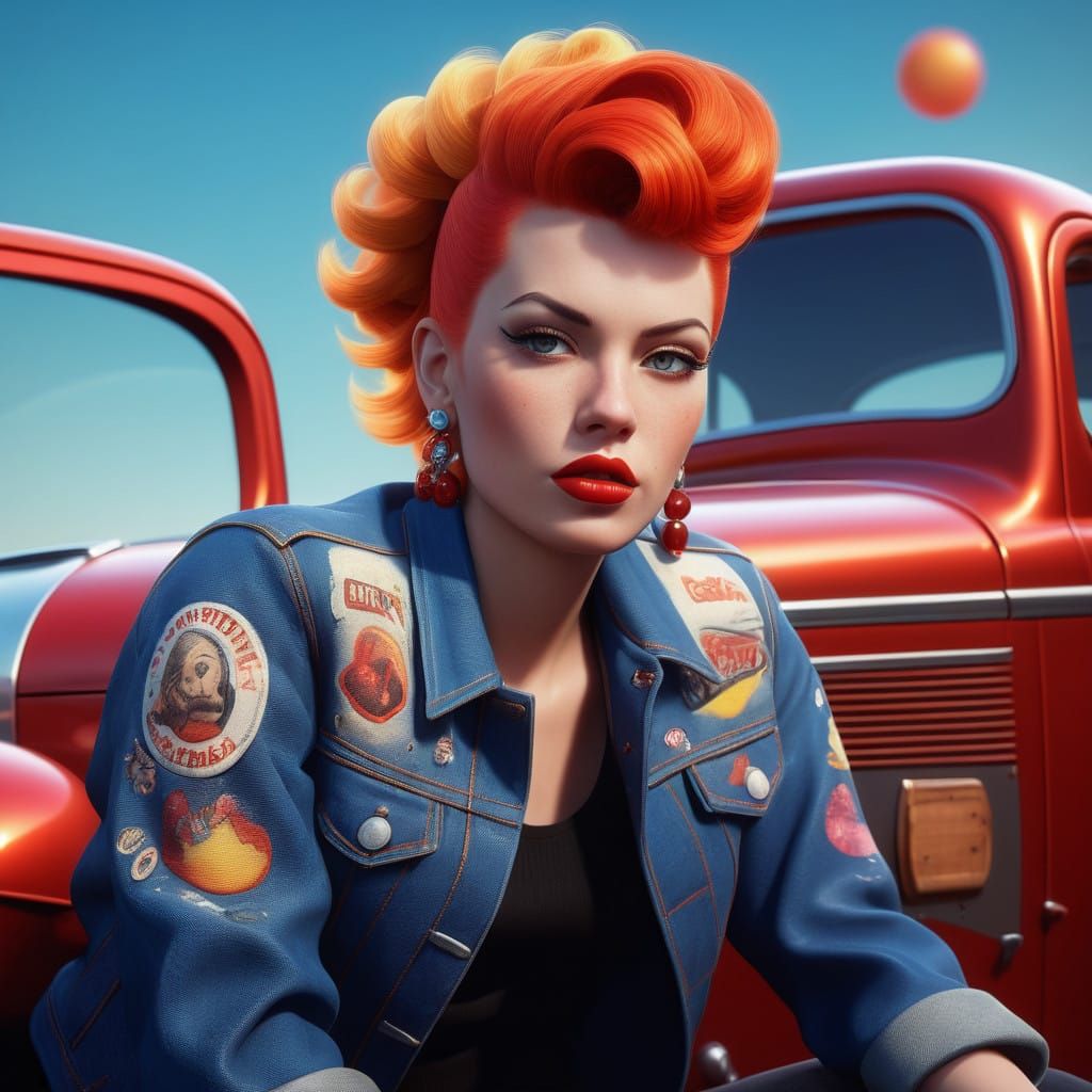 Rockabilly Pin-Up Girl with Cherry-Red Hot Rod and Tattoos