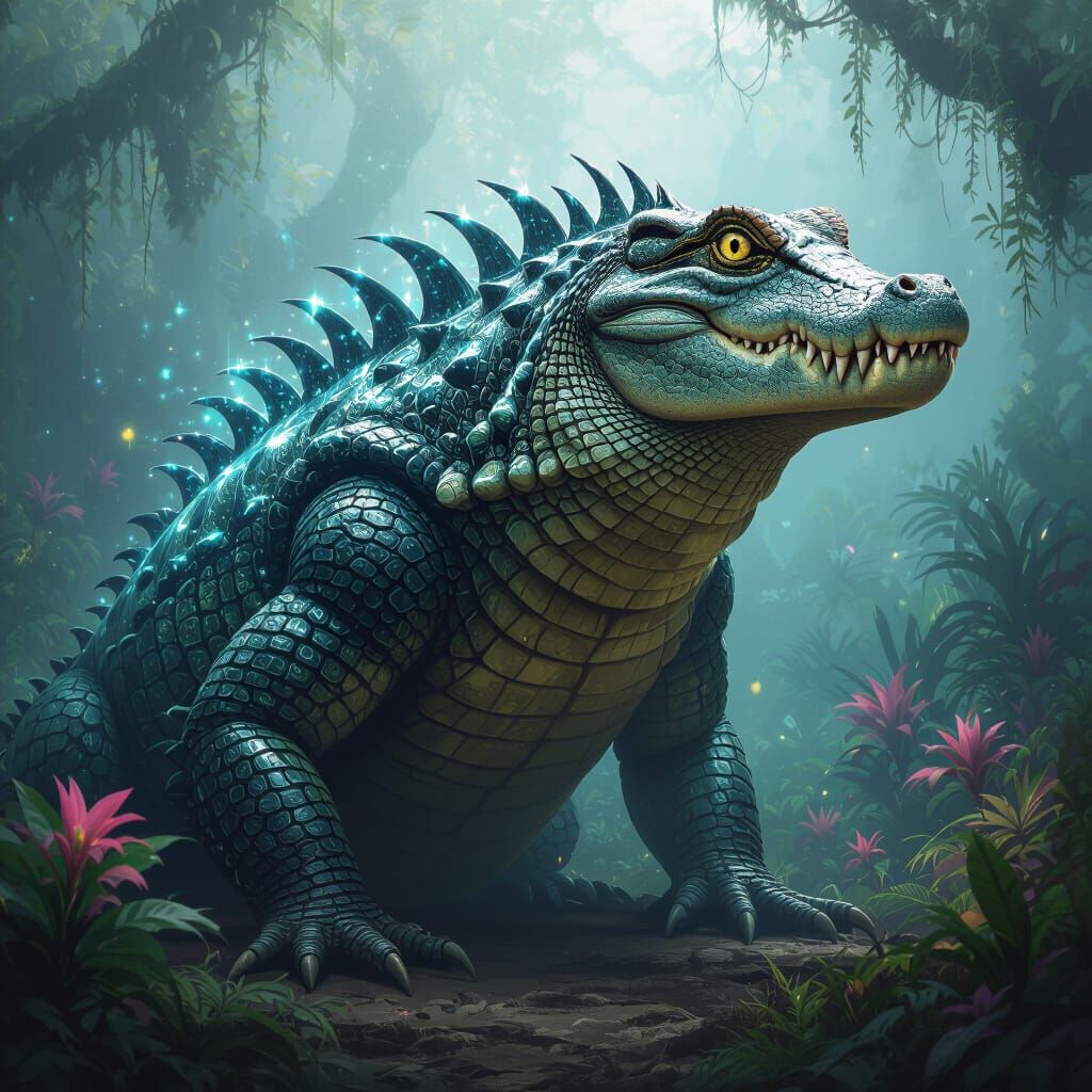 Eagle-Alligator Hybrid with Bioluminescent Camouflage Skin