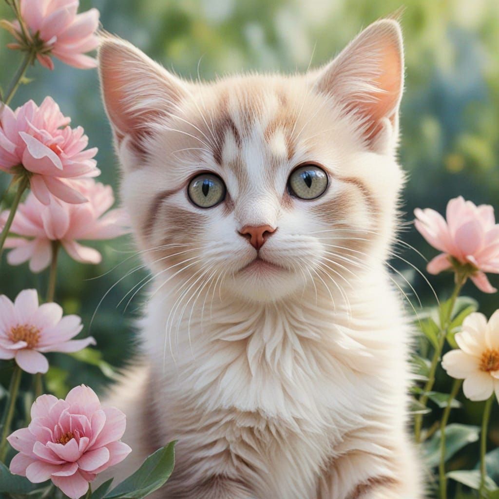 Whimsical Watercolor Portrait of a Kitten in a Lush Garden