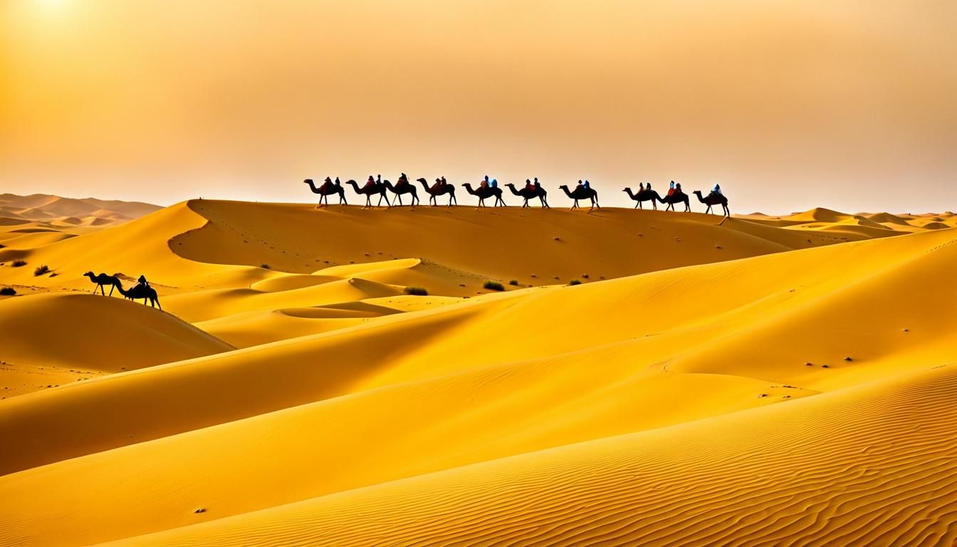 Sahara's Yellow Dunes: A Luminous Desert Caravan