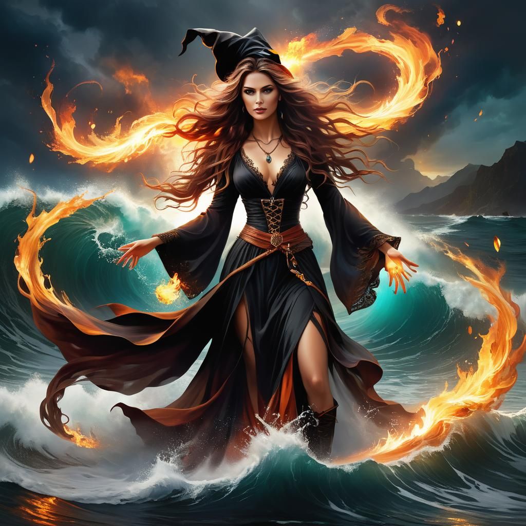 Boho Witch Commanding the Elements in Digital Painting