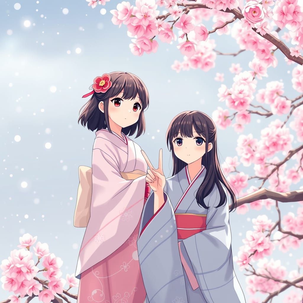 Sakura Kimono Anime Girls in Winter Snow