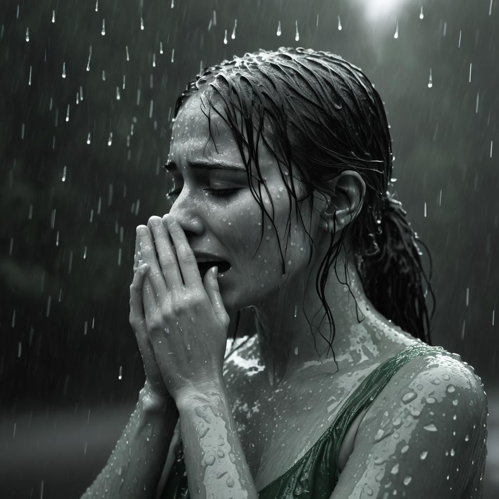 Monochrome Portrait of a Woman Crying in Rain