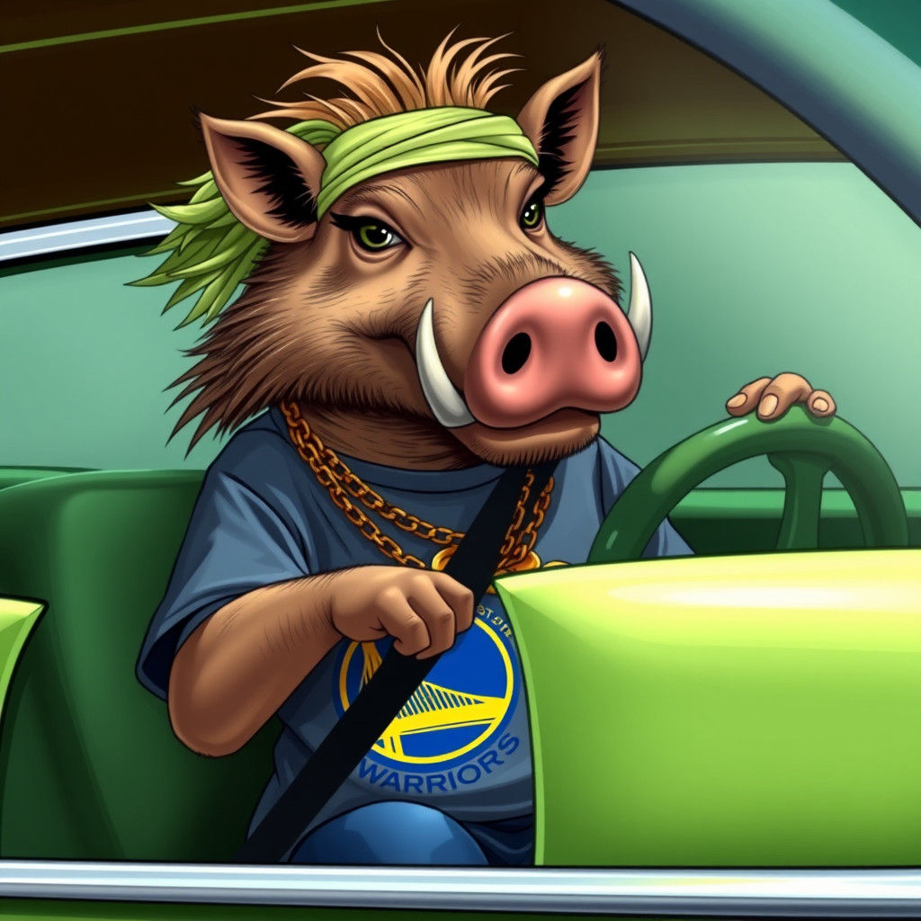 Anthropomorphic Warthog Drives Classic Car, Bruce Timm Style