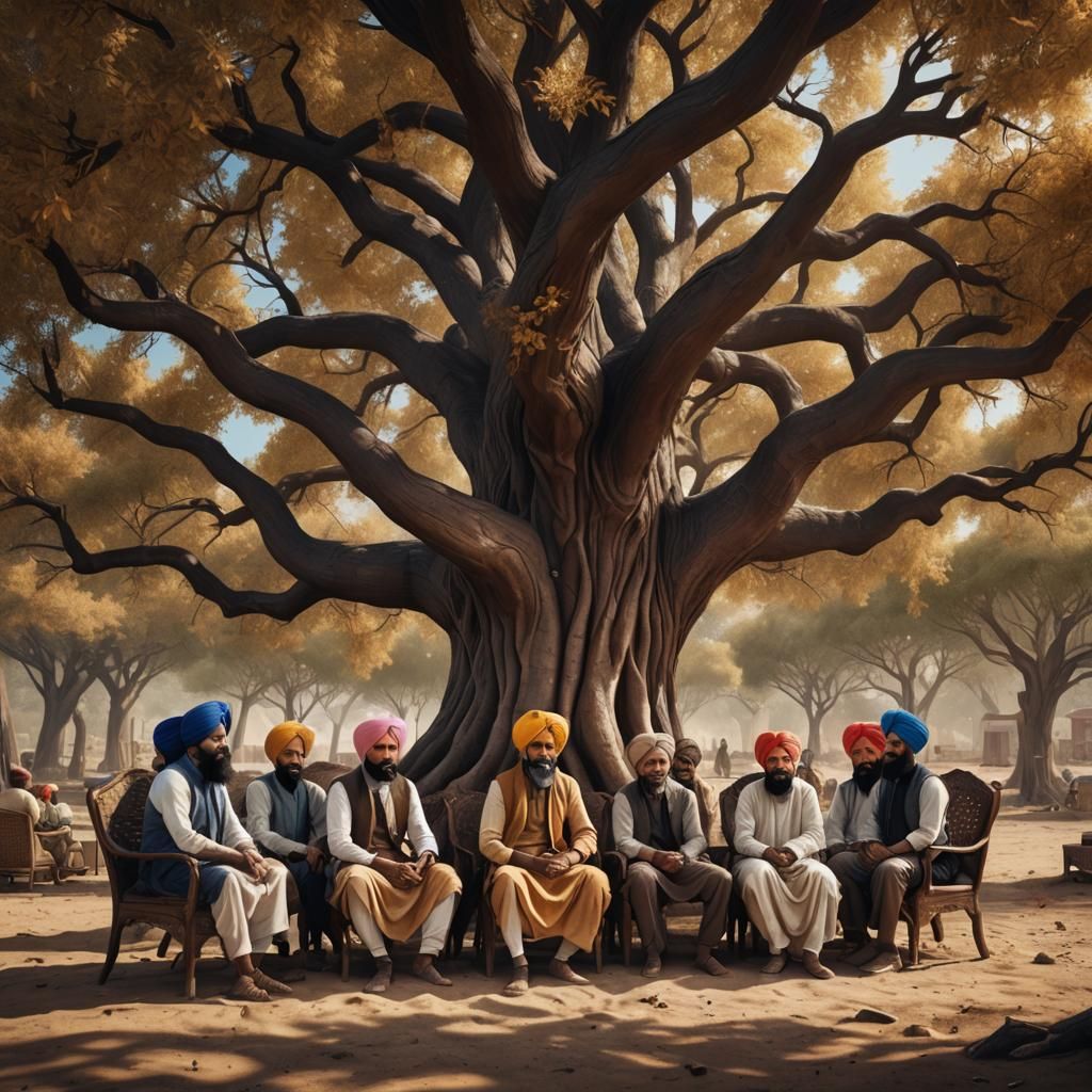 Punjabi Elders Gather Under a Tree: Detailed Matte Painting
